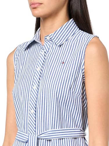 Image of Tommy Hilfiger Women's Sleeveless Collared Button Front Tie Waist Mini Shirt Dress