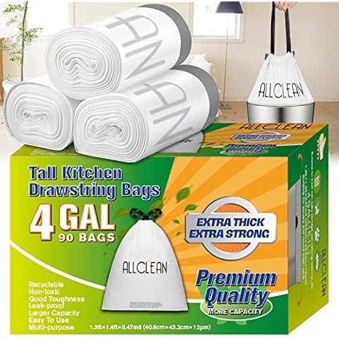 Trash Bags Drawstring 4 Gallons, Garbage Bags Small Kitchen Drawstring Trash Bags Wastebasket Ultra Strong Bags for Bathroom,Office,Kitchen,Bedroom,Office Trash Can (90 Counts,White Drawstring) Cover