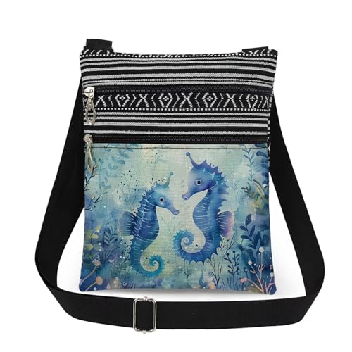 Seahorse Print Crossbody Bag Blue Seahorses with Plants Messenger Bag Adjustable Shoulder Strap Beach Crossbody Purse Birthday Gift for Sister Teens Adult