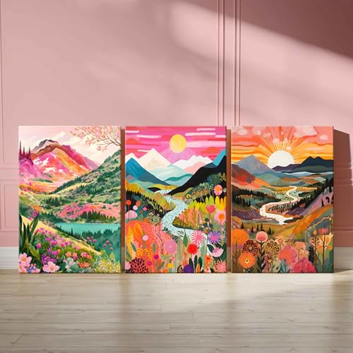 3Pcs Colorful Watercolor Mountain Canvas Wall Art Boho Floral Painting Picture Wall Decor Abstract Nature Landscape Poster Print Artwork for Living Room Bedroom Bathroom Office Home Decoration
