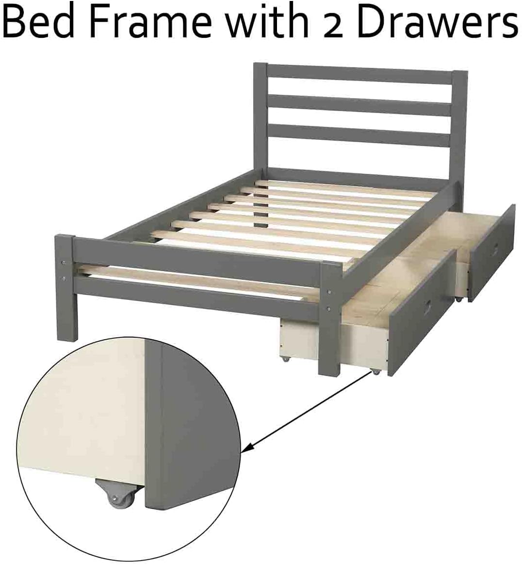 Bed frame with two storage drawers pulled out, showing wheels for easy movement