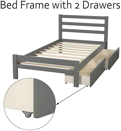 Miniatura 3 de Base de cama con 2 cajones, base de cama moderna de plataforma de madera con cabecero para niños, adolescentes y adultos, base de colchón Camas, sin