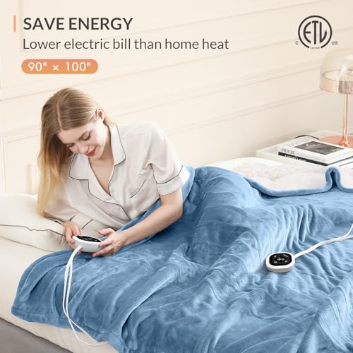 Image of HOMLYNS LuxeHeat Heated Blanket Electric Blanket King Size, Soft Flannel Sherpa Heating Blanket with 10 Heat Settings, 1-10 hrs Timer Auto Shut Off (90x100 inches, Blue), Only for 120V Voltage Use