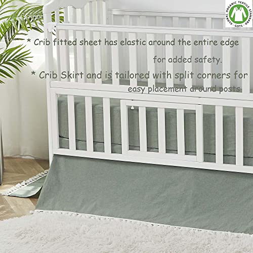 Image of Brandream Baby Girl Boy Nursery 3 Pieces Crib Bedding Set 100% Cotton Gender Neutral Boho Bohemian Solid Sage Green Farmhouse Chic Unisex Minimalist Tassel Fringe Macrame Cozy Bedding