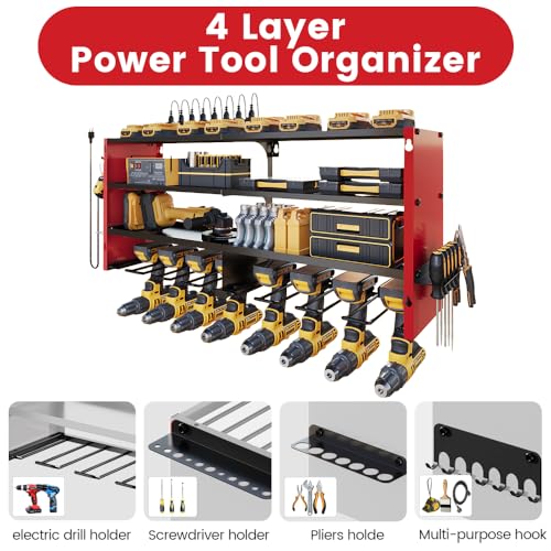 Image of 4 Layers Power Tool Organizer Wall Mount with Power Strip, Heavy Duty Metal Tool Shelf, 400lbs Capacity for Cordless Drills, Batteries & Garage Storage (8 Slots with 8 Outlets Power Strip)