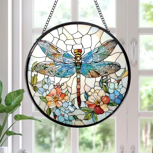 Rngmsi Dragonfly and Flower Stained Glass Window Hanging Gifts 7.8 Sun Catchers for Indoor Window Decor Decorative Sun Catchers Home Wall Art Gift for Thanksgiving Christmas Housewarming