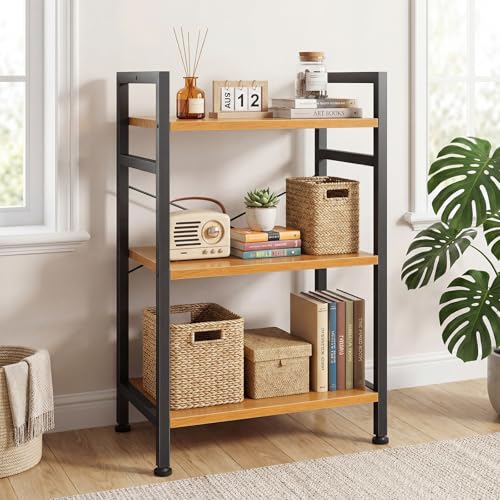 Image of DUMOS 3 Tier Bookshelf, Home Office Bookcase Shelf Storage Organizer | Free Standing Open Display Storage Shelving Unit for Bedroom, Living Room Wood