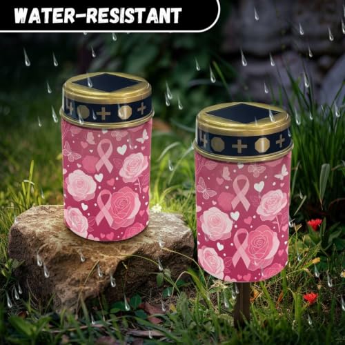 Image of Poceacles Solar Lights Outdoor Solar Powered Outdoor Cemetery Stake Candle Grave Lamp Landscape Lighting Waterproof Grave Flameless Candle, Pink Ribbon Rose Butterfly