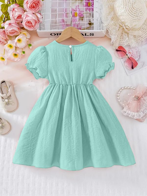 Image of Niren Enterprise Girls Bow Pearl Dress Puff Sleeve Round Neck Solid Cotton Frock