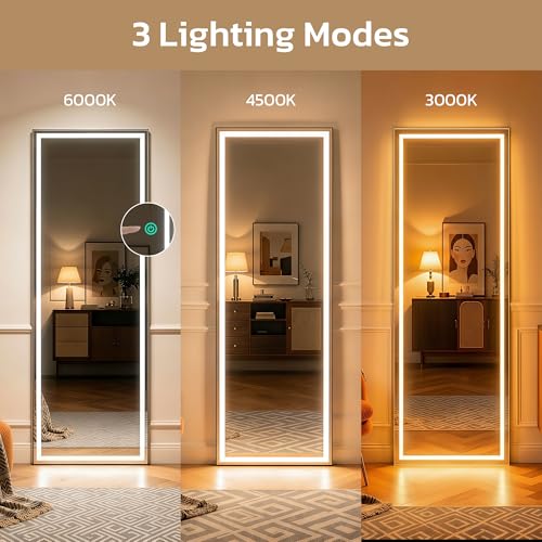 Image of 64 inchx21 inch Full Length Mirror with LED Lights, Mirrors with Dimming & 3 Color, Full Body Mirrors with Aluminum Alloy Thin Frame for Bedroom, Dressing Room