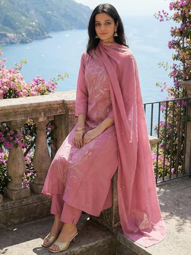 Image of INDO ERA Women's Floral Embroidered A-Line Silk Blend Kurta Pant with Dupatta Set