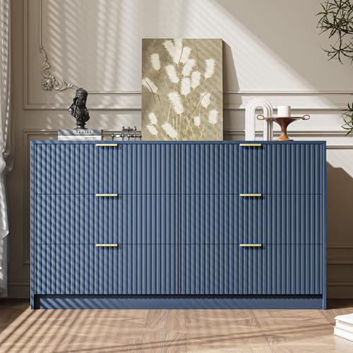 Image of MAISONARIA 6 Drawer Dresser for Bedroom, 55 inch Wide Modern Chest of Drawers with Gold Metal Handles, Fluted Wood TV Stand for Living Room, Hallway(Navy Blue)