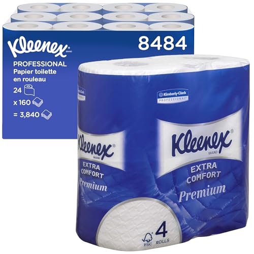 Kleenex Papier Toilette, 4 Épaisseurs, Blanc, Doux et Résistant, Certifié FSC, Format Petits Rouleaux, 24 Rouleaux x 160 Feuilles (3 840 Feuilles au Total),...