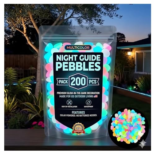 Colorful Glow in the Dark Pebbles Garden Stones 2026 Newly Night Guide Luminous Pebbles Rainbow Stepping Rocks Outdoor Landscaping Aquarium Fish Tank Patio Lawn Yard Ornaments (200, Multi)