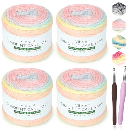 Katech Ombré Yarn for Crocheting-Gradient Cake Yarn-4x100g 60% Cotton 30% Acrylic 11% Wool-Multicolor Soft Rainbow Cotton Crochet Yarn for Scarves, Shawls, Blankets and Garments(P)