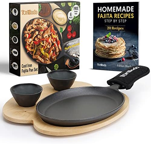 Tortillada – 10 Inch Cast Iron Fajita Pan / Grill Pan Set for Fajitas – incl. wooden Serving Tray + 2 Ceramic dip bowls