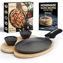 Tortillada 10 Inch Cast Iron Fajita Pan/Grill Pan Set for Fajitas incl. wooden Serving Tray + 2 Ceramic dip bowls Set of 1