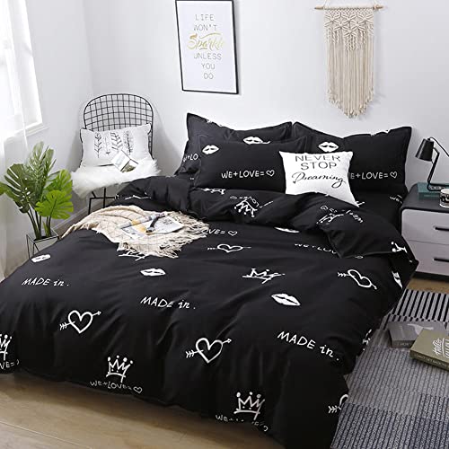 Vefadisa Love Crown Duvet Cover Sets Twin Size Black 4Pcs Reversible Crown Heart Printed Comforter Cover Zipper Closure Microfiber Cotton Bedding Sets For Teens Boys Girls Gift (No Comforter) #TOP2
