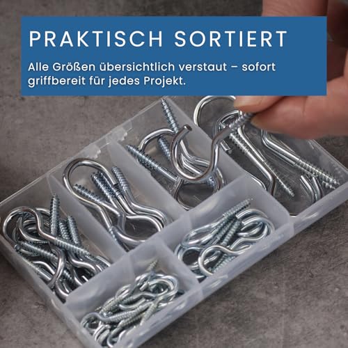 QUADRIOS | Schraubhaken Set | 55 robuste Hakenschrauben mit Gewinde aus verzinktem Stahl für Innen und Außen, Deckenhaken, Wandhaken, Befestigungshaken | Silber
