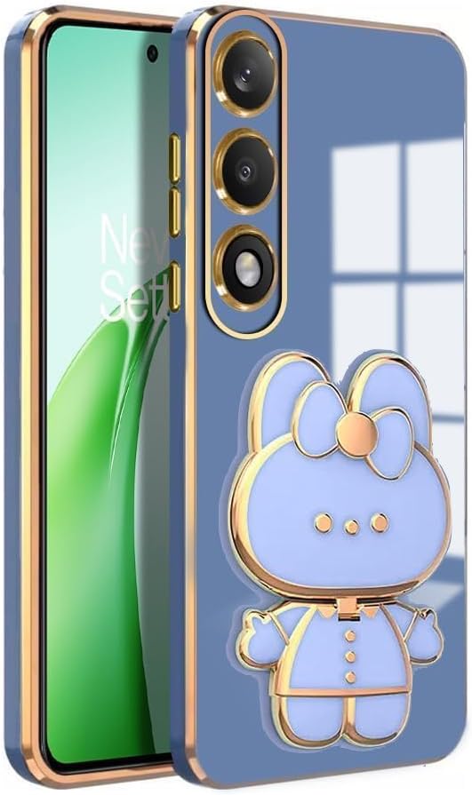 Back Case Cover for OnePlus Nord 5 with Cute 3D Cartoon Mirror Folding Mobile Stand Holder (Blue, Bny)