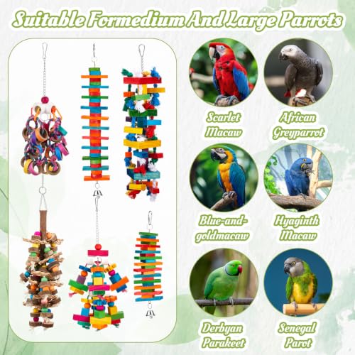 Image of Seenelling 6 Pcs Extra Large Bird Toys for Parrots, Block and Ring | Multicolored Natural Wooden Blocks & Beads Bells, Bird Cage Chewing Toys for Large Medium Macaws African Grey Cockatoos