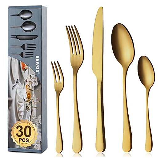 BEWOS Juego de cubiertos para 6 personas, juego de cubiertos de titanio dorado de 30 piezas que incluye cuchillo, tenedor, cuchara, cubiertos de acero inoxidable, apto para lavavajillas (oro mate)