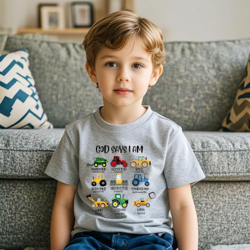 Kids Toddler Little Boys T-Shirt God Says I Am Construction Bible Verse Truck Excavator Tractor Shirt 2-7 Years3