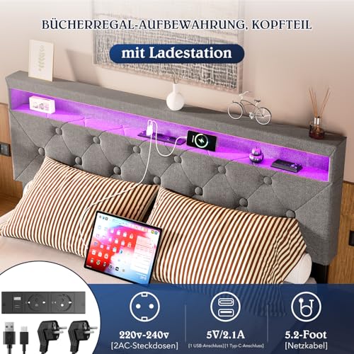Polsterbett, 140 X 200 cm, Beleuchtung, 2,4-Ghz-Fernbedienung (Inkl. Akku) Bettgestell Bed Frame Bett Gestell Schlafzimmer Set Jugendbetten Bettrahmen – Bild 4