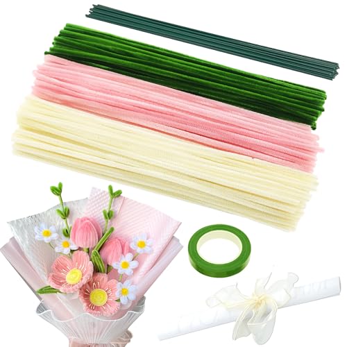 KAOTPO Limpiador de pipas para manualidades, 200 unidades para manualidades, limpiador de pipas de flores, juego de flores con alambre de flores, cintas, papel de regalo, cinta de regalo para ramo de