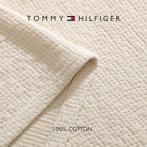 Image of Tommy Hilfiger - Twin Cotton Blanket, Woven Running Stitched Bedding, Medium Weight Soft Blanket, Anti-Pilling & Fade Resistant, Ideal for Layering, Oeko-TEX Certified (Beige)
