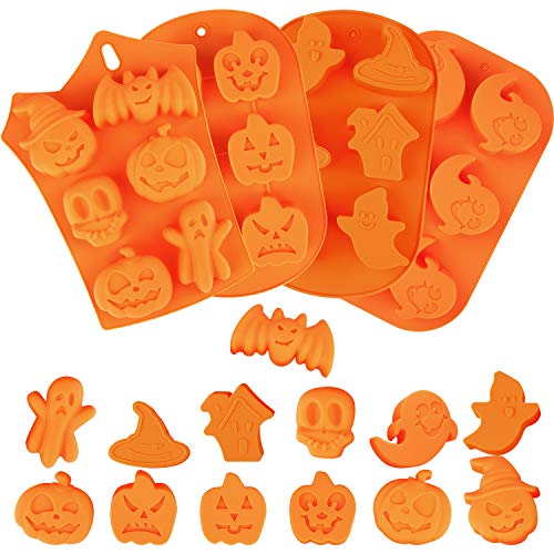 Aneco 4 piezas moldes de silicona para hornear de Halloween con calabaza de chocolate magdalenas murciélagos forma de fantasma para cocina DIY herramientas de hornear y regalos de Halloween