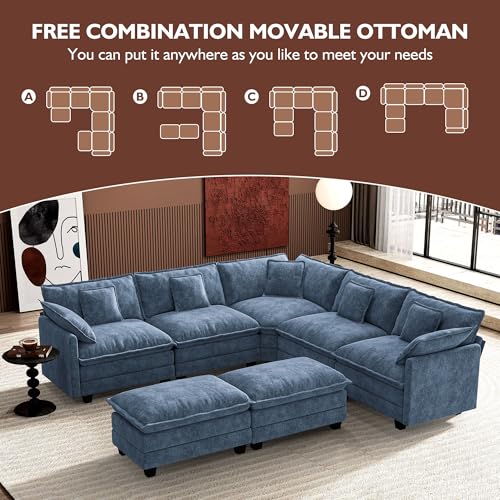 Image of Ihanherry 114 inch V-Shaped Modern Sofa Modular Sectional Cloud Couch with 2 Ottoman, 7-Seat Chenille Deep Seat Sofa with Corner Section for Living Room, Bedroom and Apartment, Blue