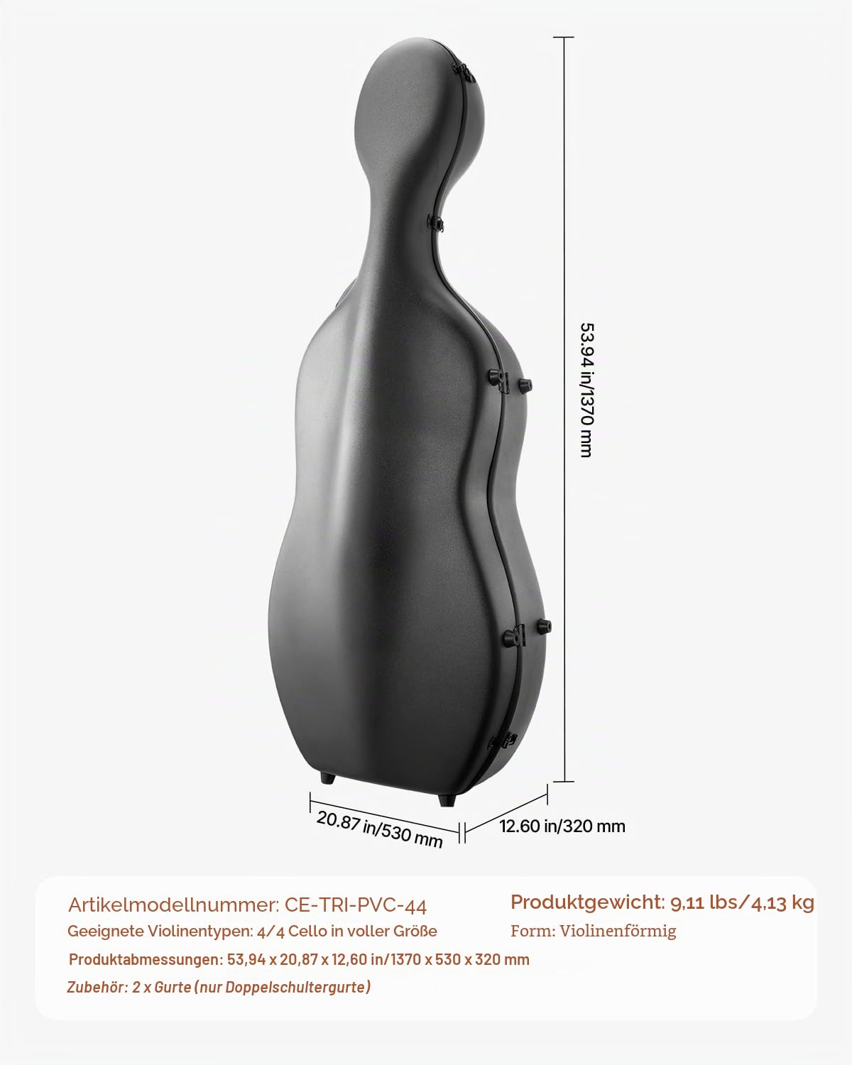 VEVOR 4/4-Cellokoffer in voller Größe, Verbundkohlenstofffaser, tragbare Reisetragetasche, mit Weichfutter, Zwei Schultergurten, Kratzfest, professionelle Celloform, für Cello, schwarz