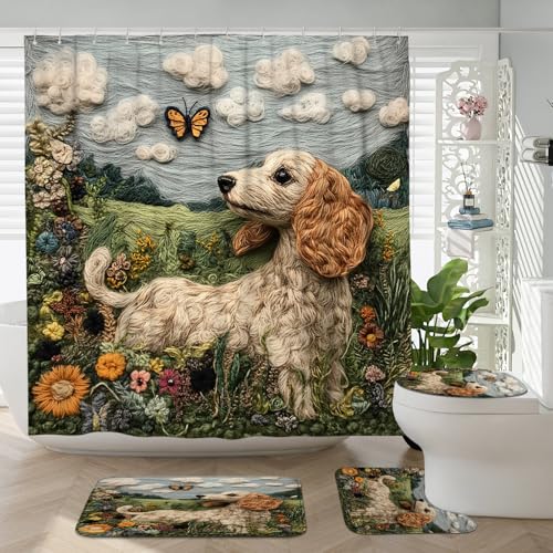 4PCS Spring Dachshund Dog Bathroom Accessory Sets with Non-Slip Rug, U Shape and Toilet Lid Cover Mat, Unique Flowers Floral Bathroom Fabric Decor-72''x72''