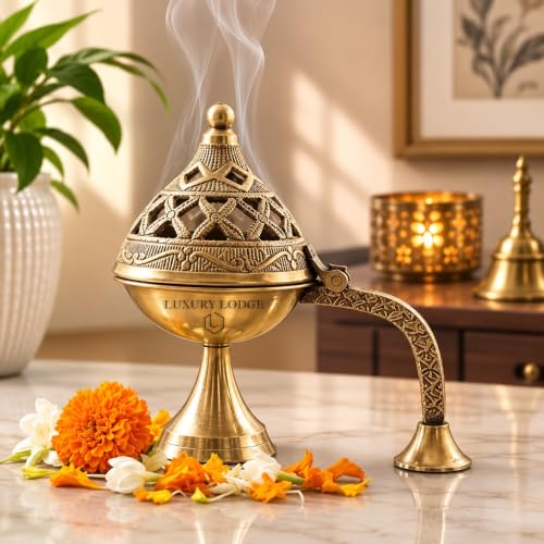 Image of 𝐋𝐔𝐗𝐔𝐑𝐘 𝐋𝐎𝐃𝐆𝐄 Brass Dhoop Holder | Incense Burner | Loban Dani | Dhoop Dani |Brass Loban Dhoop Dani | Dhoop Dani Stand Burner for Puja- 5 inches.