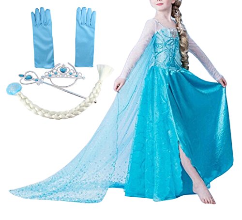 VLUNT Robe de Princesse Déguisement Fille Robe Longue pour Fille Habillée et Accessoires Gants Couronne Baguette Tresse Ensemble