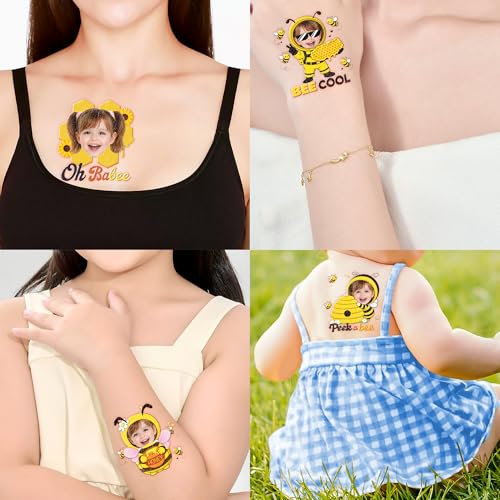 Image of Custom Bee Temporary Tattoos for Kids - Set of 20 | Personalized Pre-Cut Face Photo, Birthday Party Favors, For Boys Girls, Bee Lovers