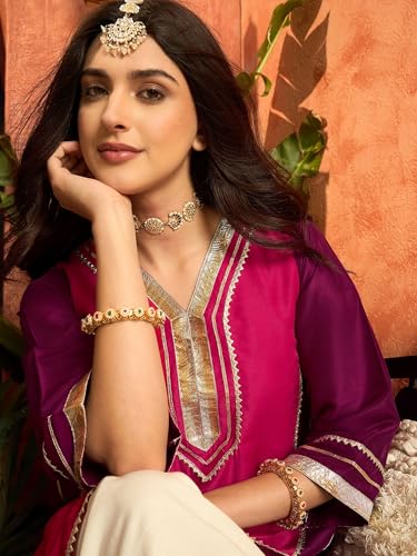 Image of EthnicJunction Women's Cotton Silk gota Patti Work High-Low Kurti with farshi Salwar | Co Ord Set for Women Stylish | Festival wear | Kareena Kappor Kurta Set | Wedding | Ethnic Kurta Set