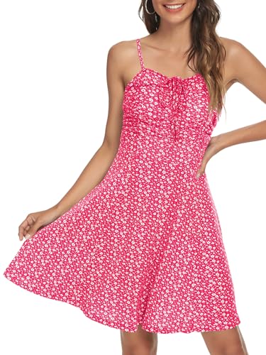 Image of Missufe Spaghetti Strap Floral Mini Dress Women's Casual Ruched Front Drawstring Swing Sundress