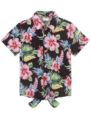 Noomelfish Girls Tie Front Hawaiian Shirt Summer Floral Tropic Short Sleeve Button Down Tops (5-12 Years)