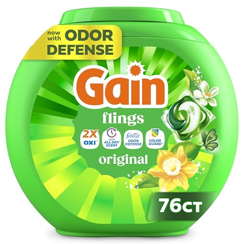 Gain Flings Liquid Washing Detergent Pacs, Now with Odor Defense + Color Guard, Original Scent, 4-In-1 Liquid Laundry Detergent Pods, Clean & Fresh, 76 Count (Packaging May Vary)