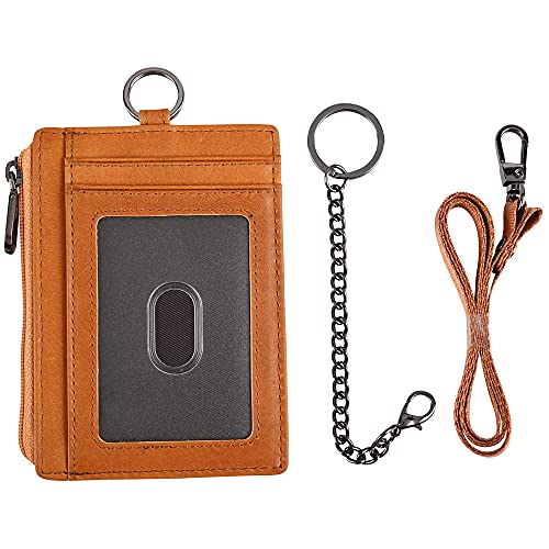 Image of kinzd Slim Minimalist Zipper Credit Card Holder Leather Front Pocket Wallet with Keychain Ring Lanyard Strap