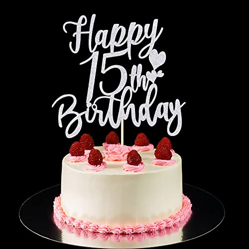Yuinyo 15Th Handmade Glitter Happy Birthday Cake Topper, Cheers To 15Th Birthday Cake Bunting Decor,Fifteen Birthday Party Decoration Supplies (Gold) (Silver) #TOP5