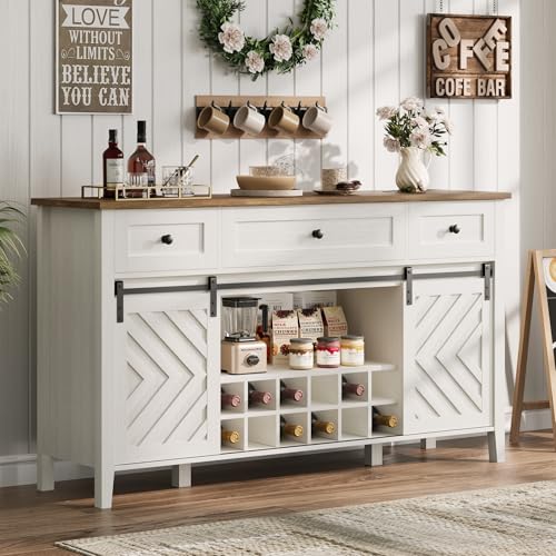 GarveeHome 59 in Farmhouse Buffet Cabinet with Sliding Barn Door, Rustic Sideboard with 3 Drawer, Removable Wine Rack, Farmhouse Sideboard with Adjustable Shelf for for Dining Room, Kitchen, White