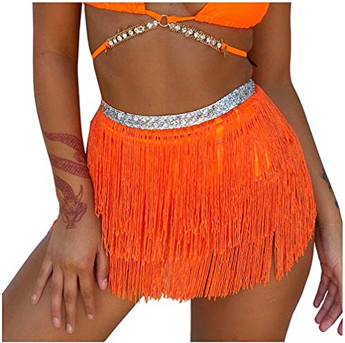 Falda para danza del vientre, danza del vientre con lentejuelas, borlas, faldas para mujer, naranja, Talla única Cover