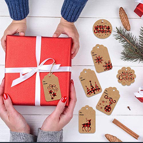LOKIPA 120 Pieces Christmas Kraft Paper Gift Tags Hang Labels with Red and Black Plaid Snowflake Christmas Tree Elk Patterns and 230 Feet Twine Rope for Christmas - Thumbnail 3