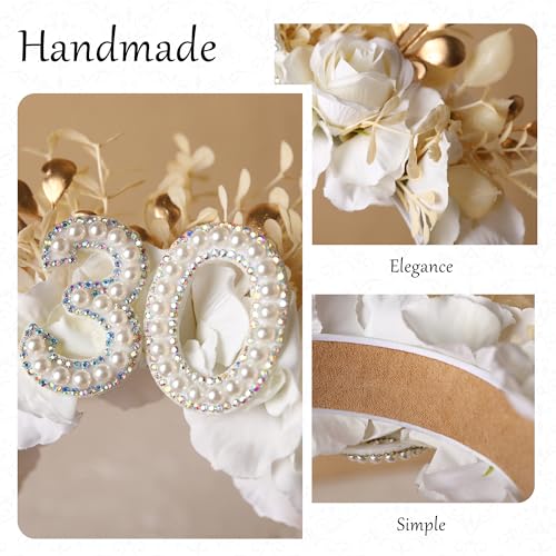 30th-Birthday-Headband-Handmade-Pink-30th-Birthday-Crown-Happy-30th-Birthday-Accessory-with-Flowers-and-Pearls-for-Women