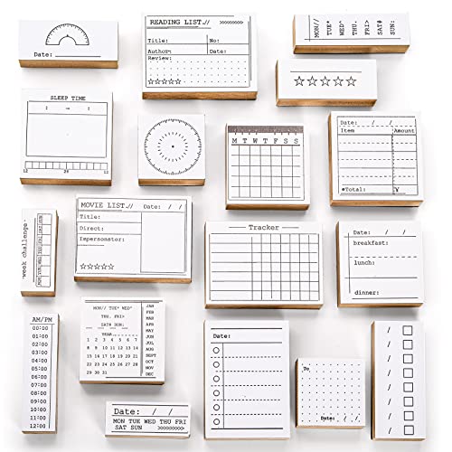 Tosnail 18 Pieces Wood Journal Stamps Decorative Rubber Stamp Set Calendar Planner Stamps Scrapbook Stencils for to Do List Tasks Diary Planner Letters Scrapbook Cards Crafts
