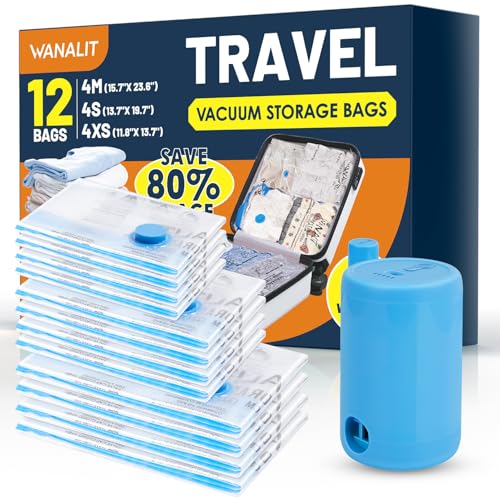 Image of Vacuum Storage Bags for Travel, 12 Pack (4M+4S+4XS) Vacuum Seal Bags with Wireless Rechargeable Electric Pump, Travel Essentials Space Saving Bag for Clothes, Luggage, Carry-on Suitcase, Backpack