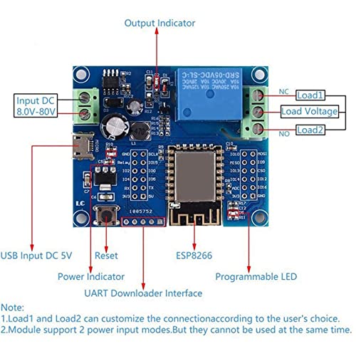 Módulo relé WIFI ESP8266 ESP-12F de CC 5V a 80V para control domótico IOT de 6 piezas 3